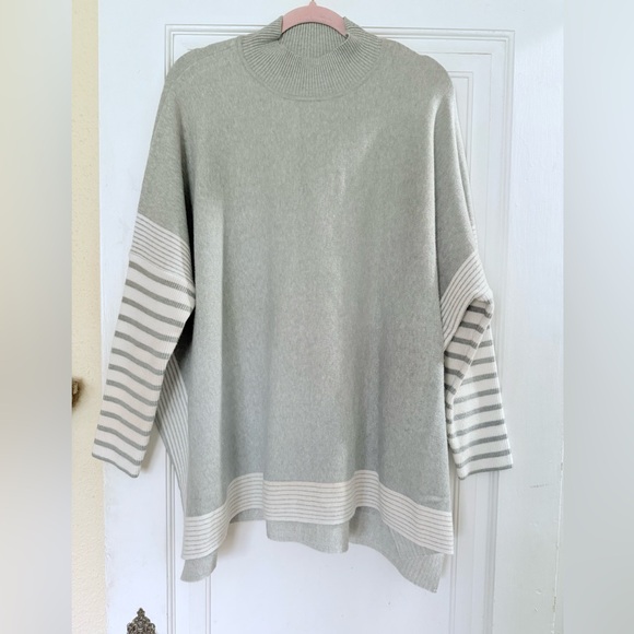 Zenana Outfitters Light Gray and White Striped Cowl Neck Sweater - Picture 4 of 5